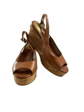 MICHAEL Michael Kors Brown Leather Cork Wedge Slingback Peep-Toe Sandals